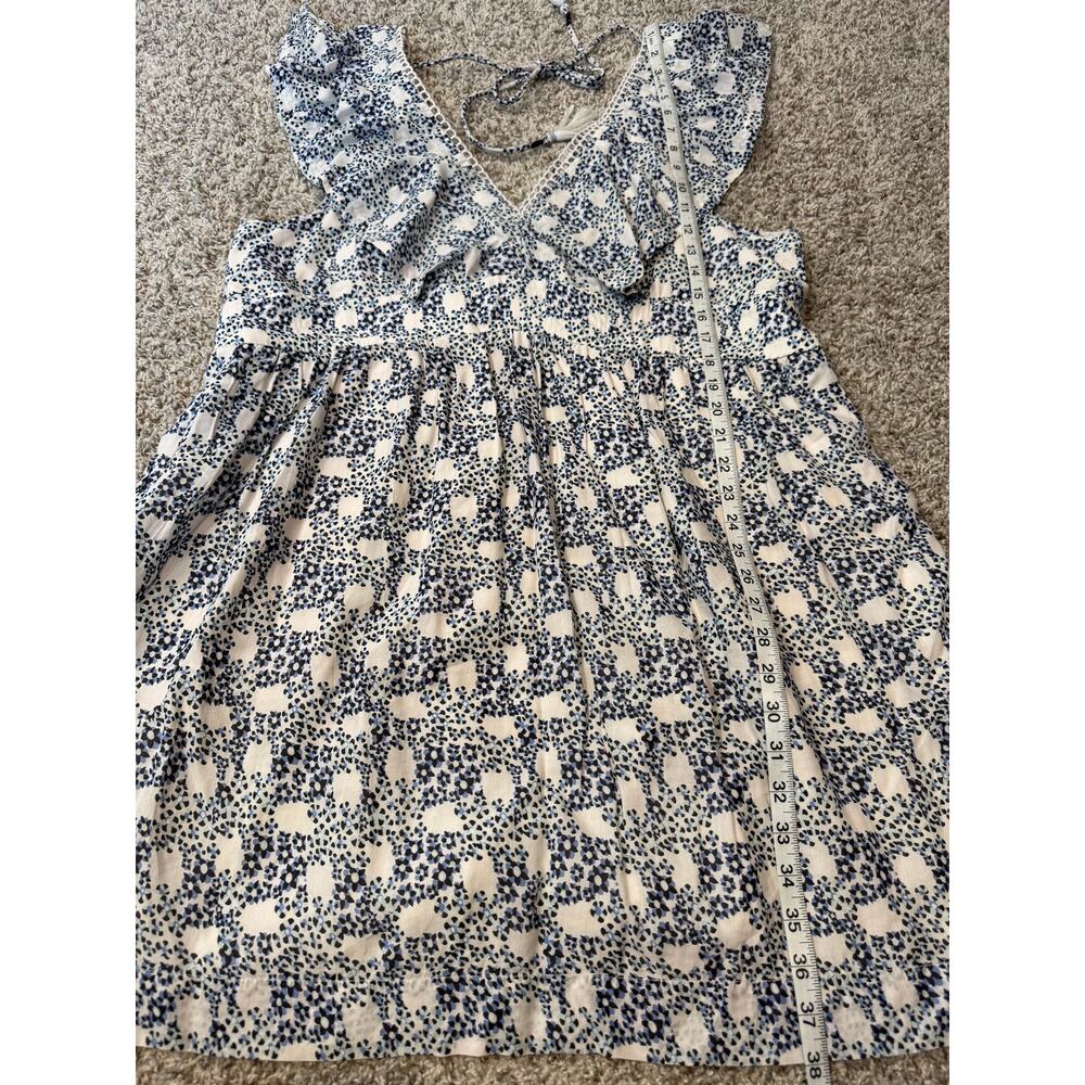 Anthropologie V-Neck Plunge Tunic Mini Dress Blue Motif Ruffle Boho XL - Picture 5 of 9